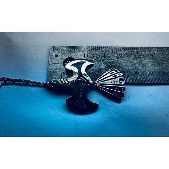 Vintage Sterling Silver Turquoise Inlay Thunderbird Pendant Necklace 10g, 16"in - Picture 8 of 11